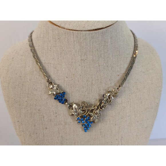 Unknown Jewelry - Vintage Silver Tone Necklace Blue Rhinestone Grape Cluster Design 16 Inches Long